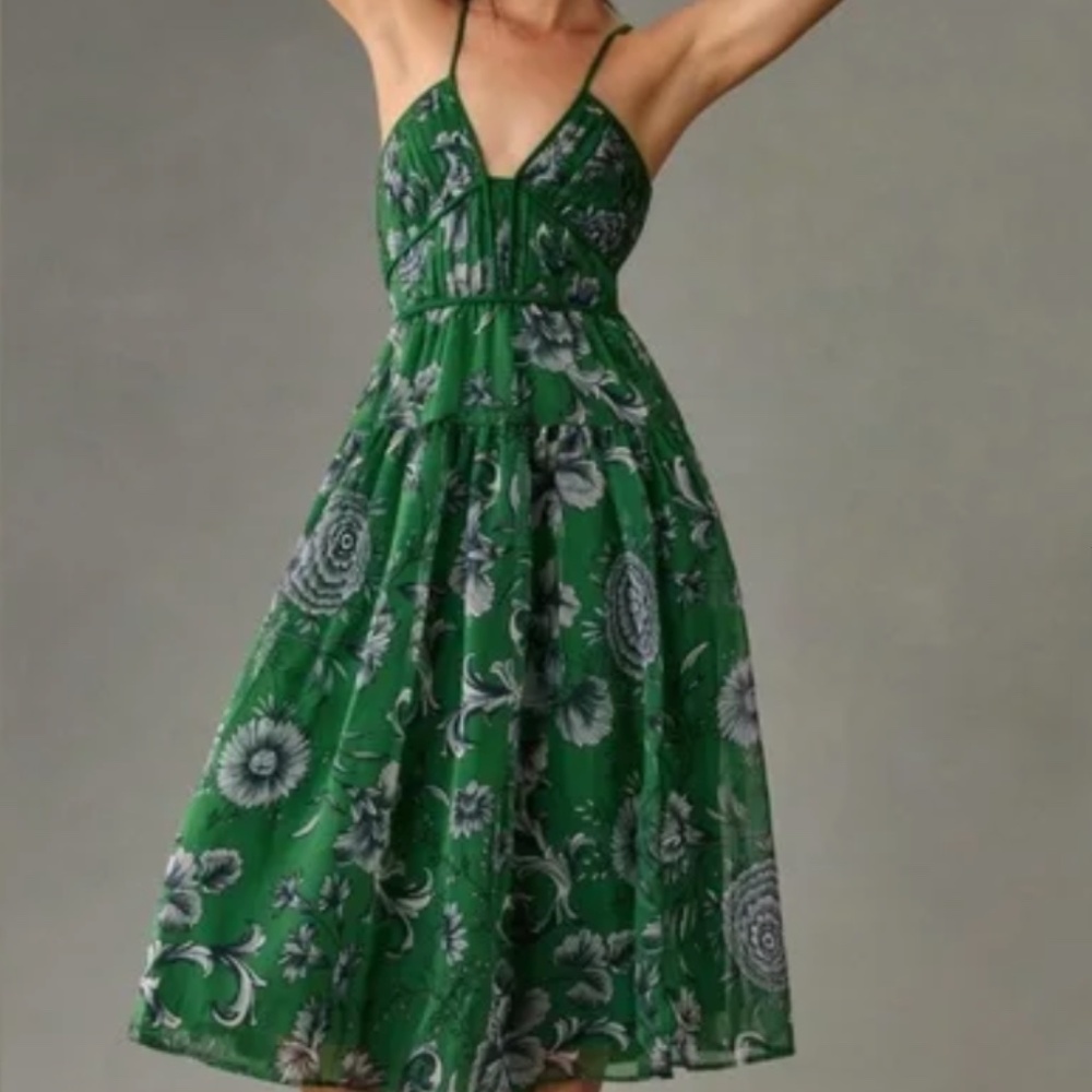 Anthropologie Green and White Floral Midi Dress